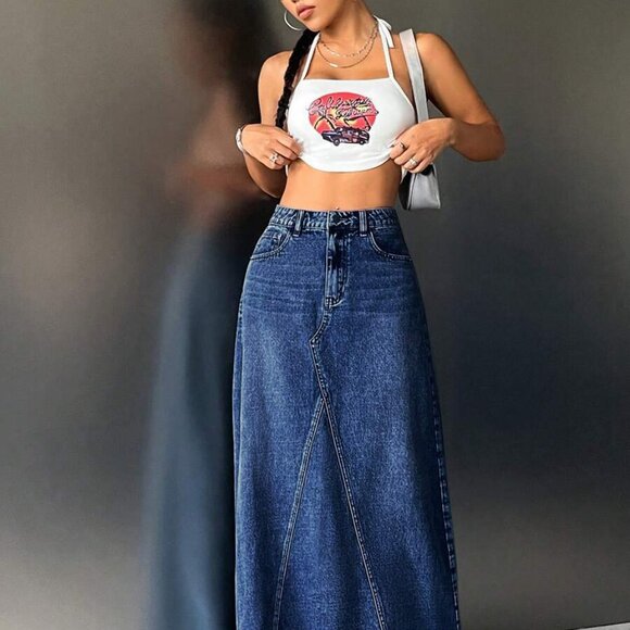 Boho Streetwear Denim A-Line Skirt - Picture 4 of 5